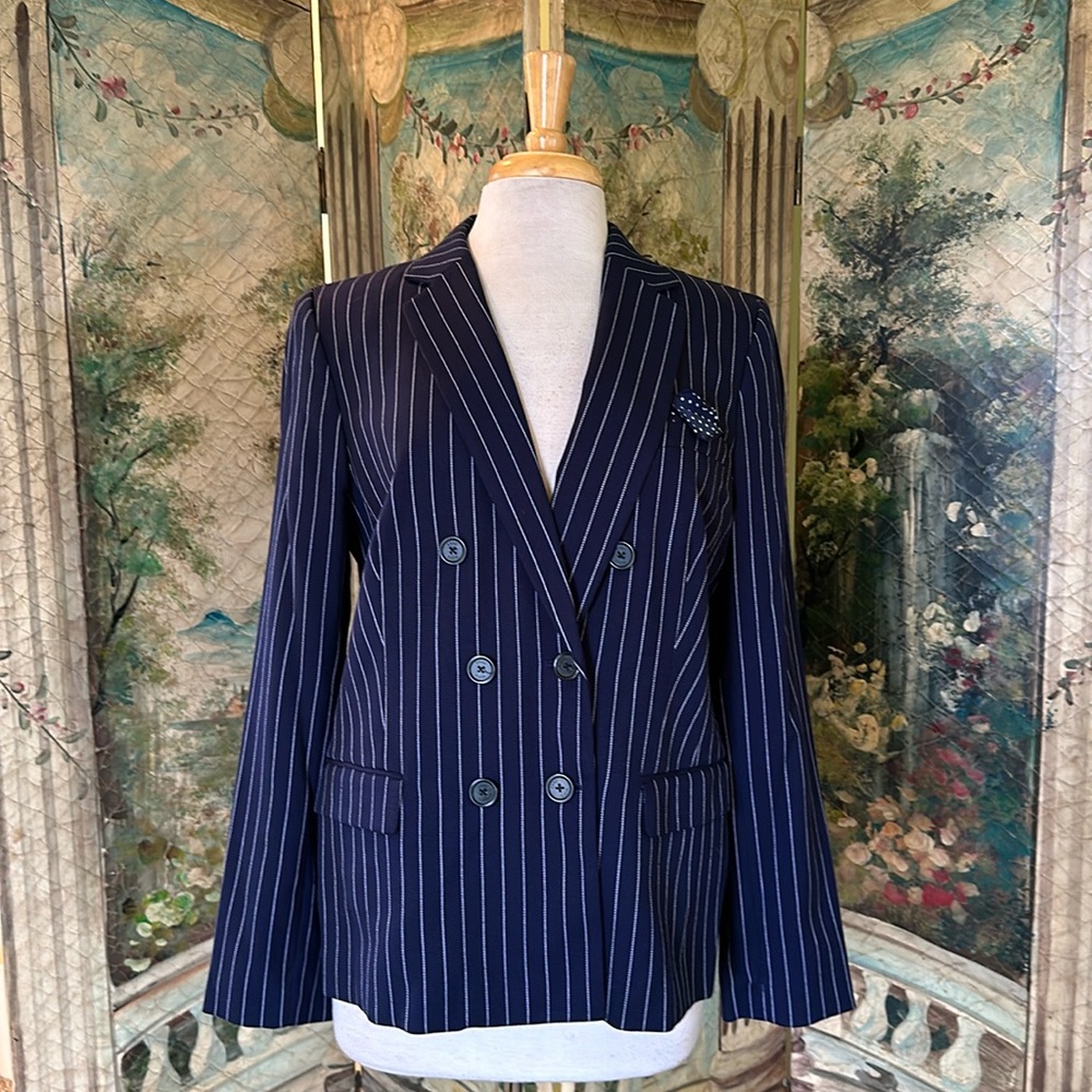NWT “ANNE KLEIN” navy & white classic Pinstripe double breasted jacket